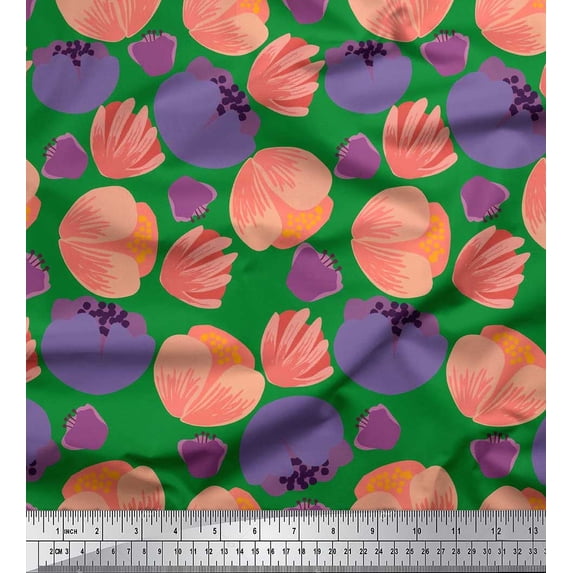 Soimoi Green Velvet Fabric Poppy Floral Print Fabric by Yard 58 Inch Wide