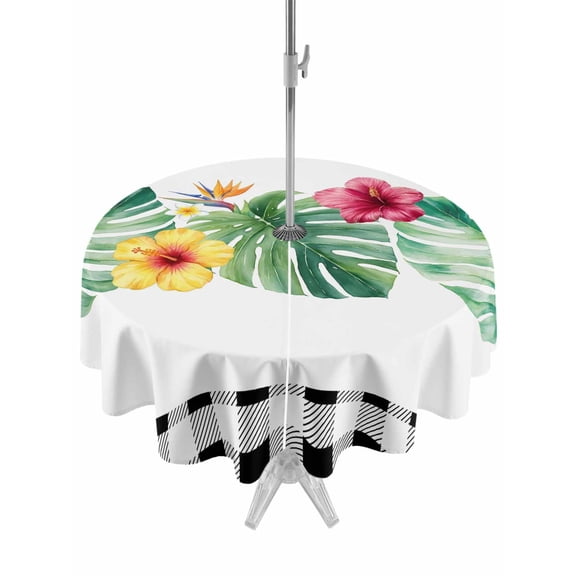 Outdoor Tablecloth with Umbrella Hole Zipper Black Plaid Summer Botanical Round Tablecloth 60" Waterproof Table Cloth Tropical Monstera Spring Floral Patio Table Cover Tablecloths for Picnic Party