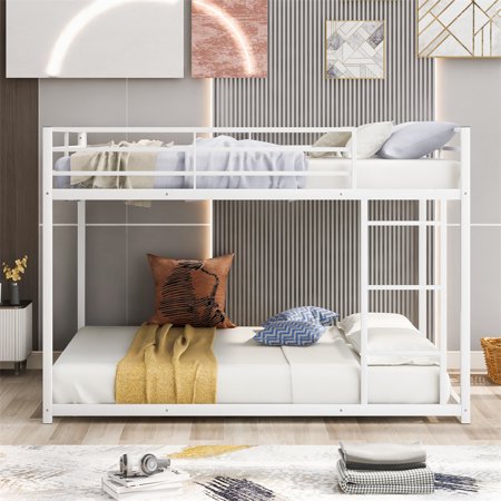 Metal Bunk Bed with Ladder  Low Bunk Bed with Safety Guard Rails for Teens Adults No Box Spring Required  Full Over Full Bed Frame For Bedroom