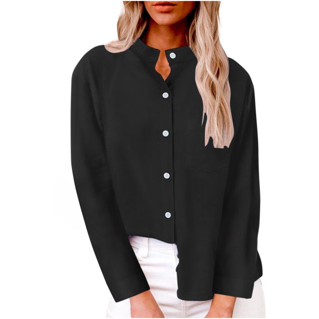Timegard Button down Shirts for Women Stand Neck Long Sleeve Side Split Work Casual Loose Tops Fall