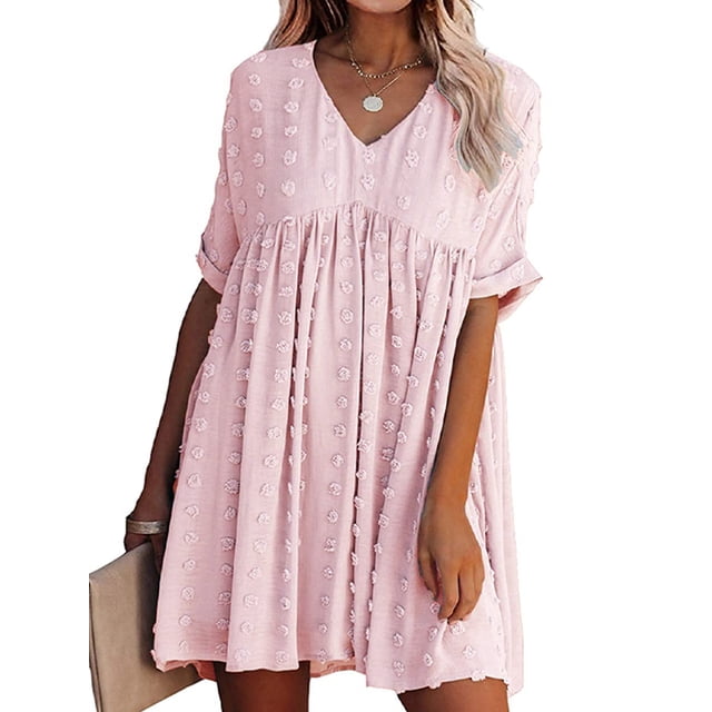 Innerwin Robe de Plage Robe d'Été Femme Mini Fête Col en V Décontractée Évasée Rose Clair P
