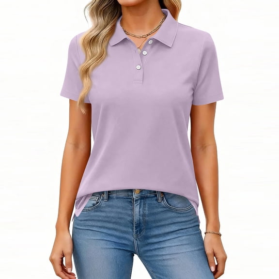 Qwertyu Women's Polo Shirts Short Sleeve Classic Lightweigth Work Blouses Summer Business Casual Tops Light Purple M