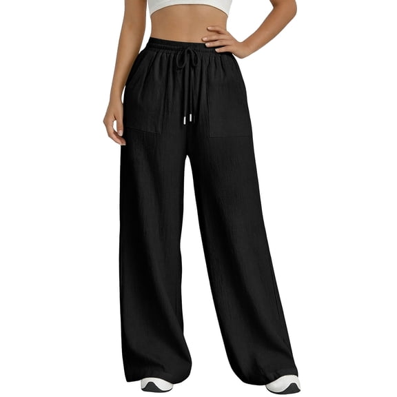 Nkmbld Women Linen Pants Wide Leg Drawstring Waist Pant Casual Summer Lounge with Pockets