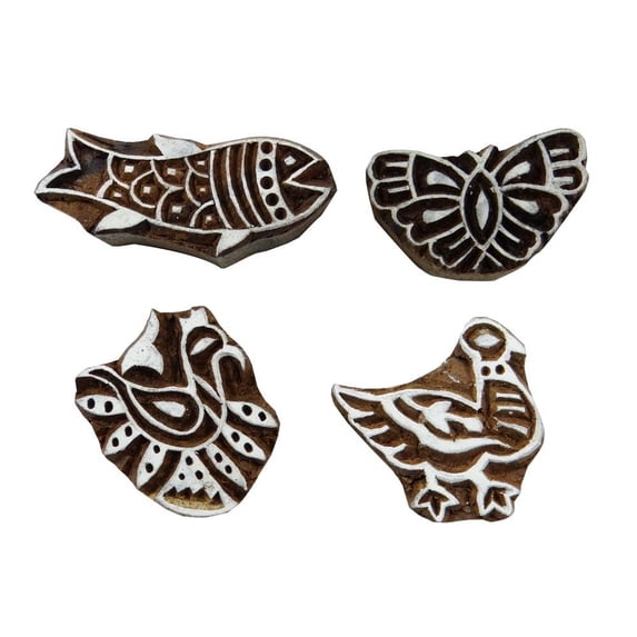 Handcarved Lot Of 4 Pcs Stamp Wooden Textile Stamps For Clay Printing Block