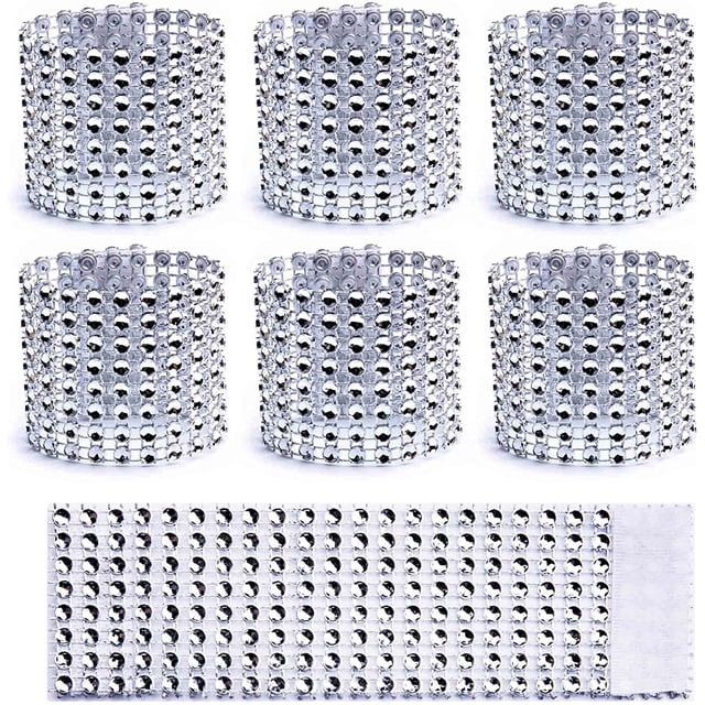 Napkin Rings Set of 6PCS,Rhinestone Bling Napkin Rings Holder for Wedding Birthday Party, Silver