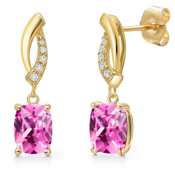 Gem Stone King 14K Yellow Gold Pink Created Sapphire and Lab Grown Diamond Earrings for Women | 2.05 Cttw | Gemstone September Birthstone | Cushion 7X5MM