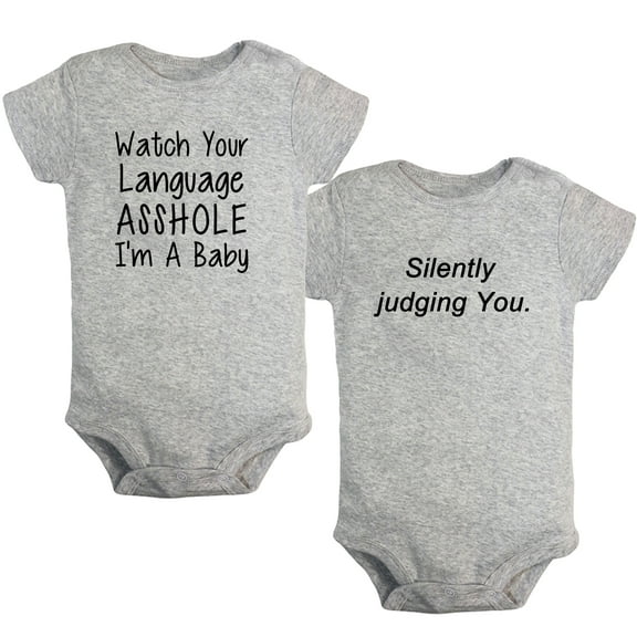iDzn Pack of 2, Silently Judging You & Watch Your Language I'm A Baby Funny Rompers For Babies, Newborn Baby Unisex Bodysuits, Infant Jumpsuits, Toddler 0-24 Months Kids One-Piece Oufits