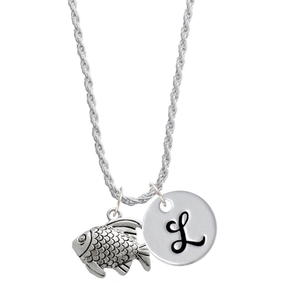 Delight Jewelry Silvertone Antiqued Fish Silvertone Script Initial Disc - L - Charm Necklace, 20"+3"