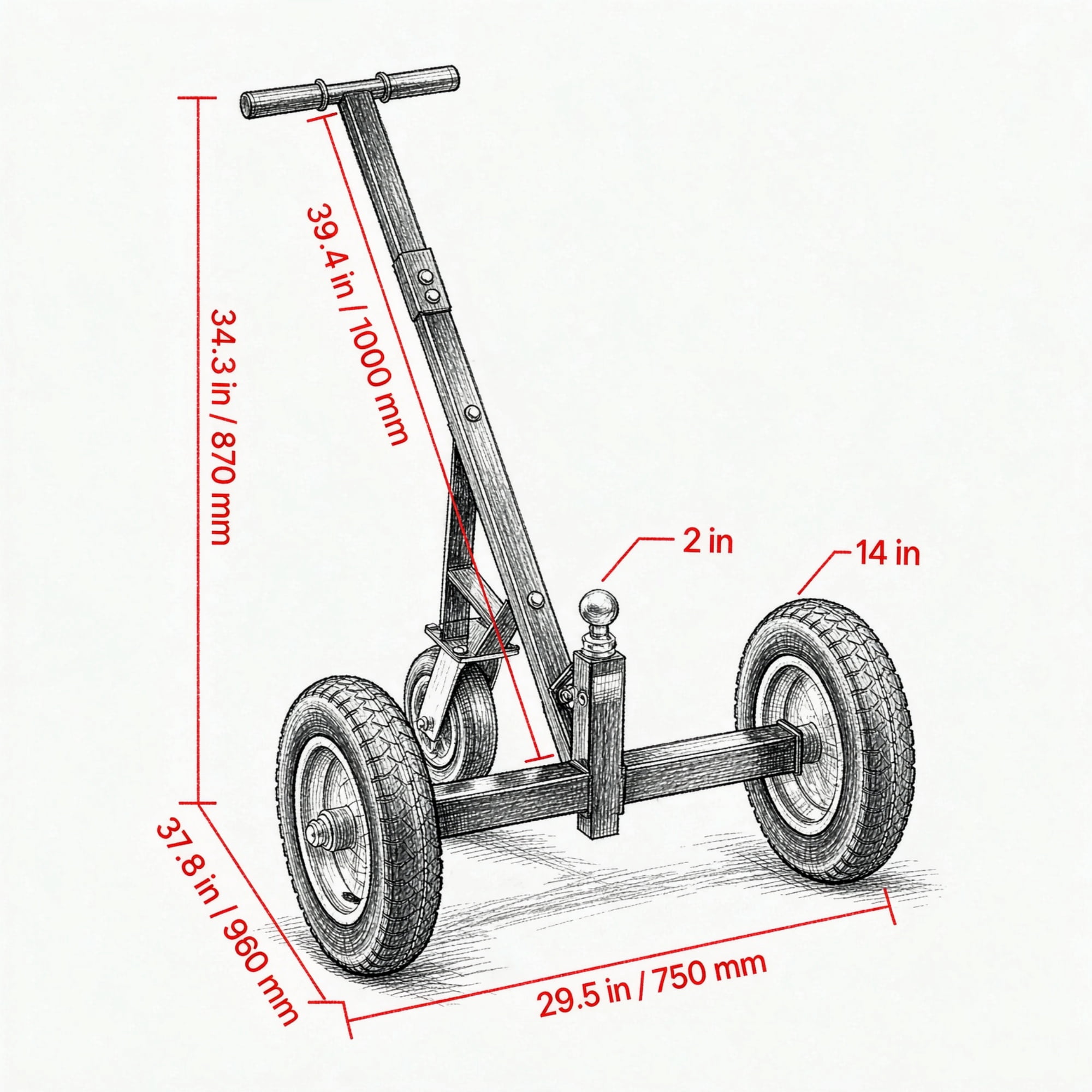 Trailer Dolly 1000 lbs Tongue Weight Capacity, Carbon Steel Trailer Mover with 2" Ball & 14" Pneumatic Tires, Portable Tow Dolly for RV
