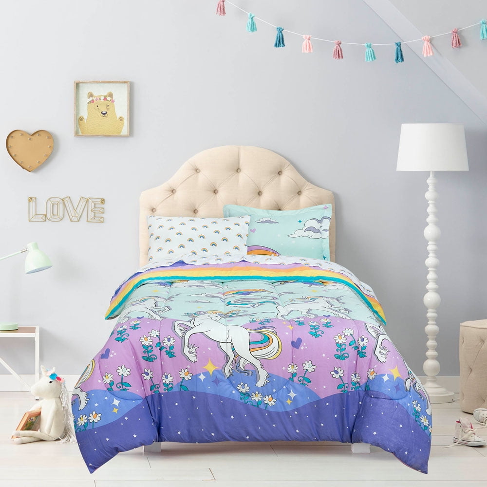 Rainbows & Unicorns Girls Reversible Full Comforter Set 8 Piece Bed In A Bag 