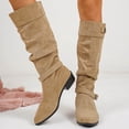 thumbnail image 2 of Women’s Fall Winter Suede Knee High Boots Belt Buckle Height Increasing Mid Block Heel Fashion Tall Boots Khaki 9.5(43), 2 of 8