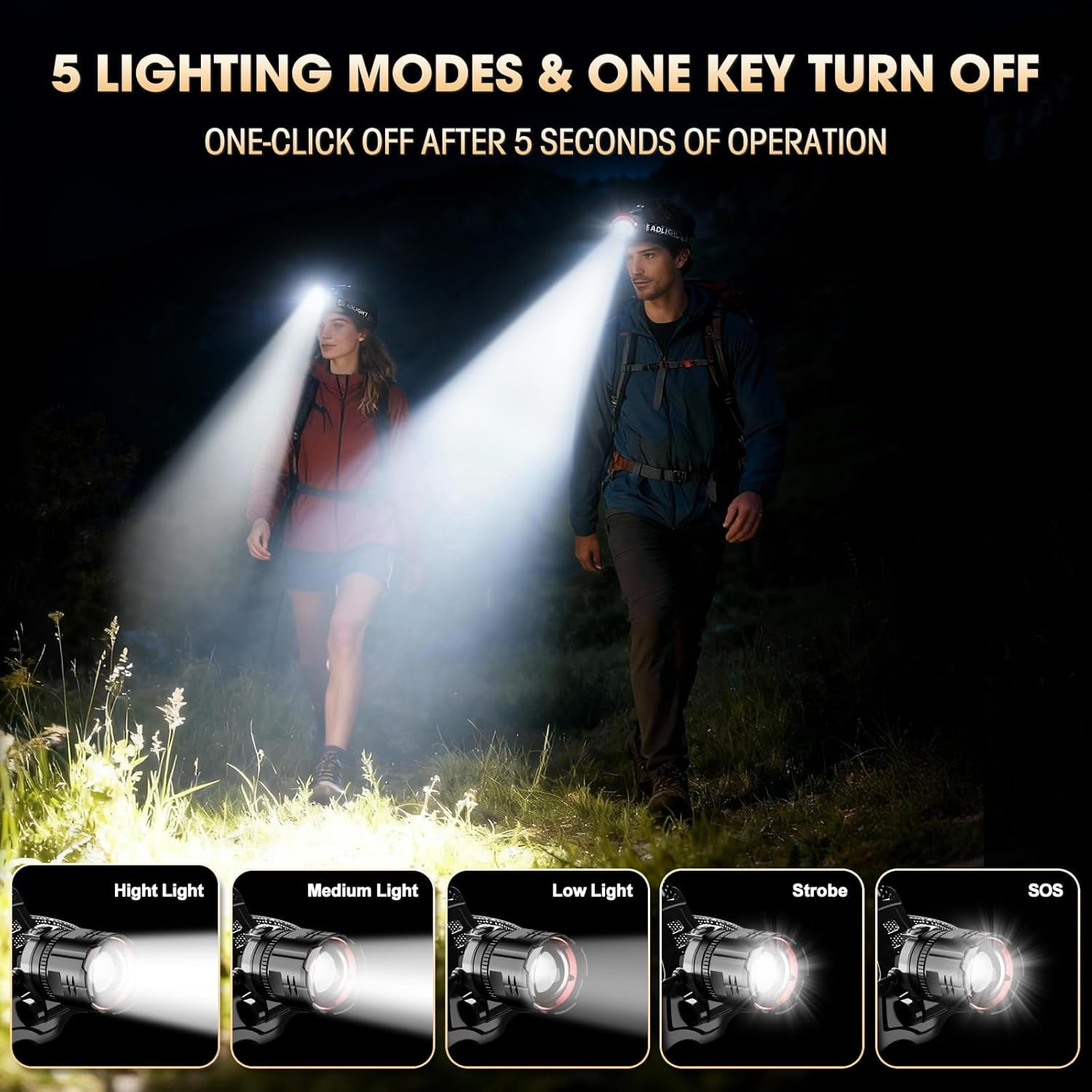 Headlamp Rechargeable Super Bright 2 Pack, High Lumen LED Head Lamp with Motion Sensor, 5 Modes, Zoomable Head Light for Forehead, 90° Adjustable, Waterproof Headlamps for Adults Hard Hat Camping