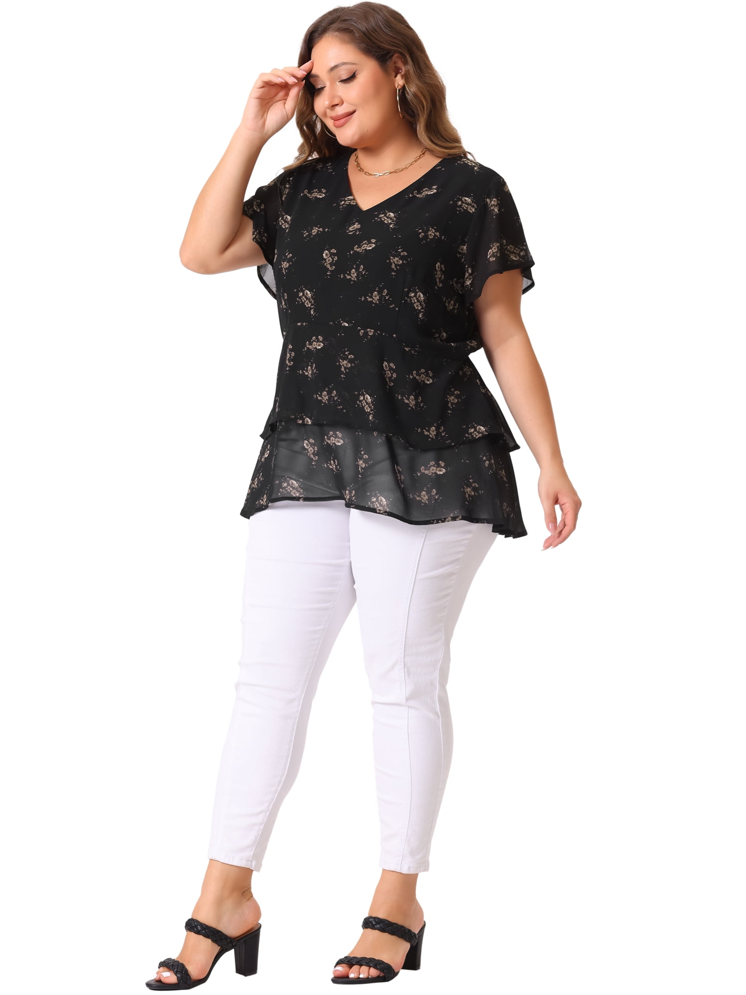 DARING DIVA Women's Plus V Neck Short Sleeve Casual Floral Blouse 2X Dark Black