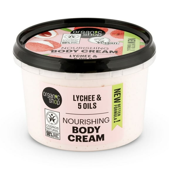 Organic Shop Lychee & 5 Essential Oils Nourishing Body Cream, 100% Vegan & Organic, Daily Hydration & Moisturizer, Body, Face, Hand & Foot Natural Lotion, Intensive Care & Skin Hydration. 250ml