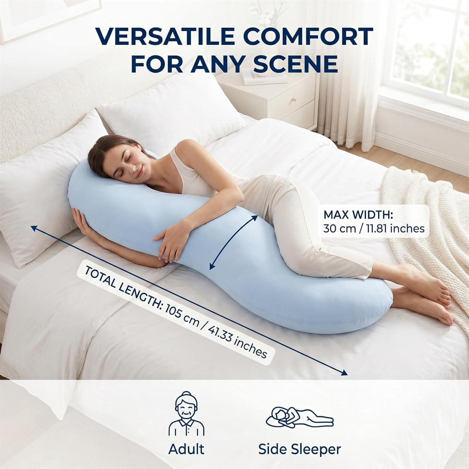 Pea Pod Body Pillow for Side Sleeper,Soft Cooling Long Bolster Hug Pillow,Ergonomic Pea Pod Full Body Pillows for Adults,Curved Sleep Pillows for Back Hip & Leg Support (1, Blue)