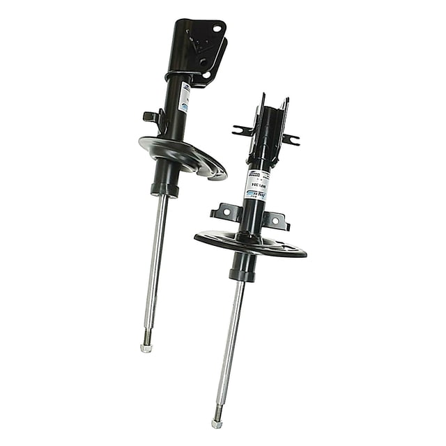 amortiguador gas boge bogas delantero izquierdo o derecho 3016136609561167 Vista frontal de dos amortiguadores BOGE para eje delantero; cuerpo negro cilíndrico con vástago cromado, placa de montaje superior con ojales y soportes laterales, base en forma de plato; largo extendido 54.3 cm y comprimido 37.2 cm, bi-tubo y fluido a gas; su tamaño los hace adecuados también para almacenaje compacto de herramientas pequeñas en taller.