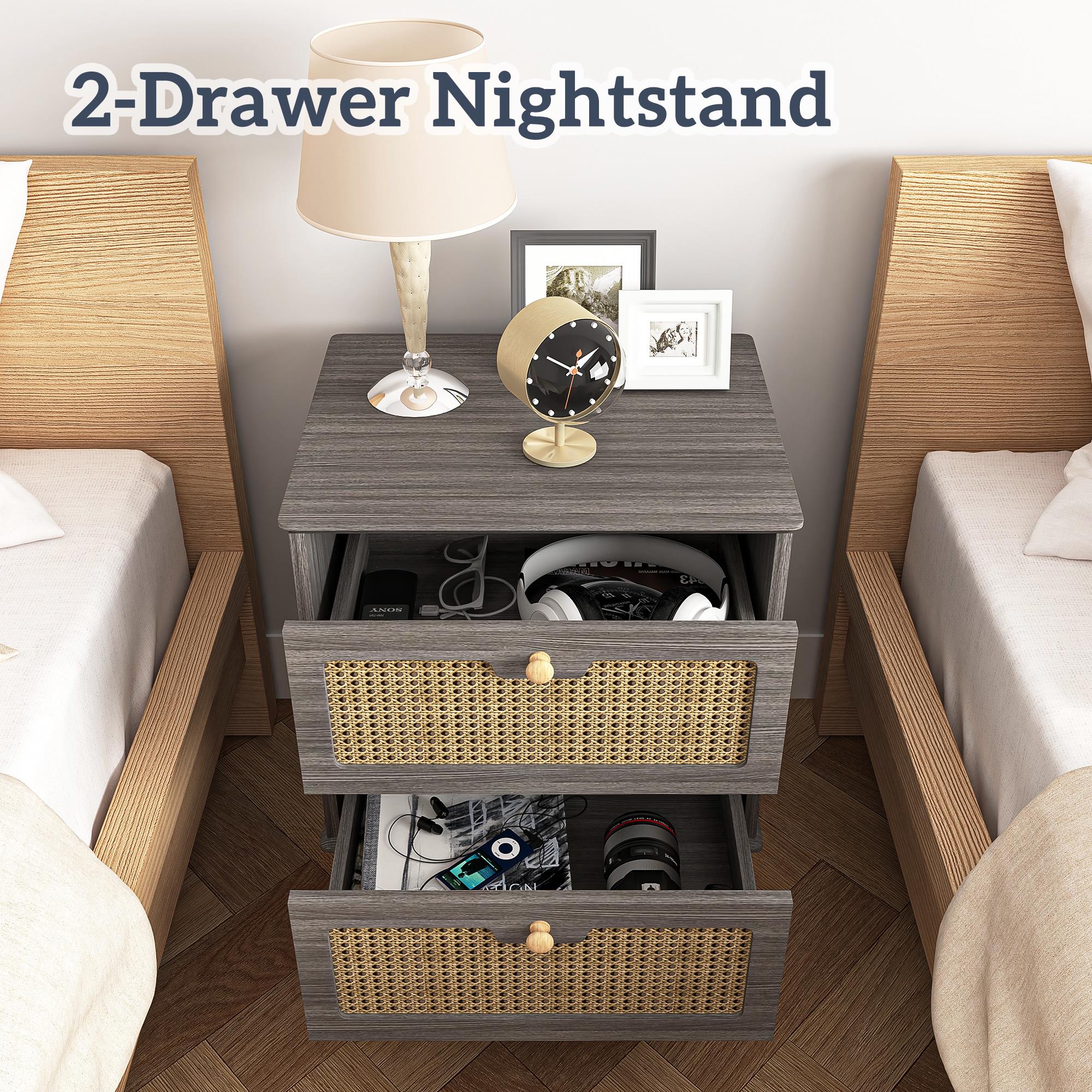 Finihen Nightstand, End Table, Side Table with 2 Hand Made Rattan Decorated Drawers, Wood Accent Table with Storage for Bedroom, Gray Finihen Nightstand, End Table, Side Table with 2 Hand Made Rattan Decorated Drawers, Wood Accent Table with Storage for Bedroom, Gray