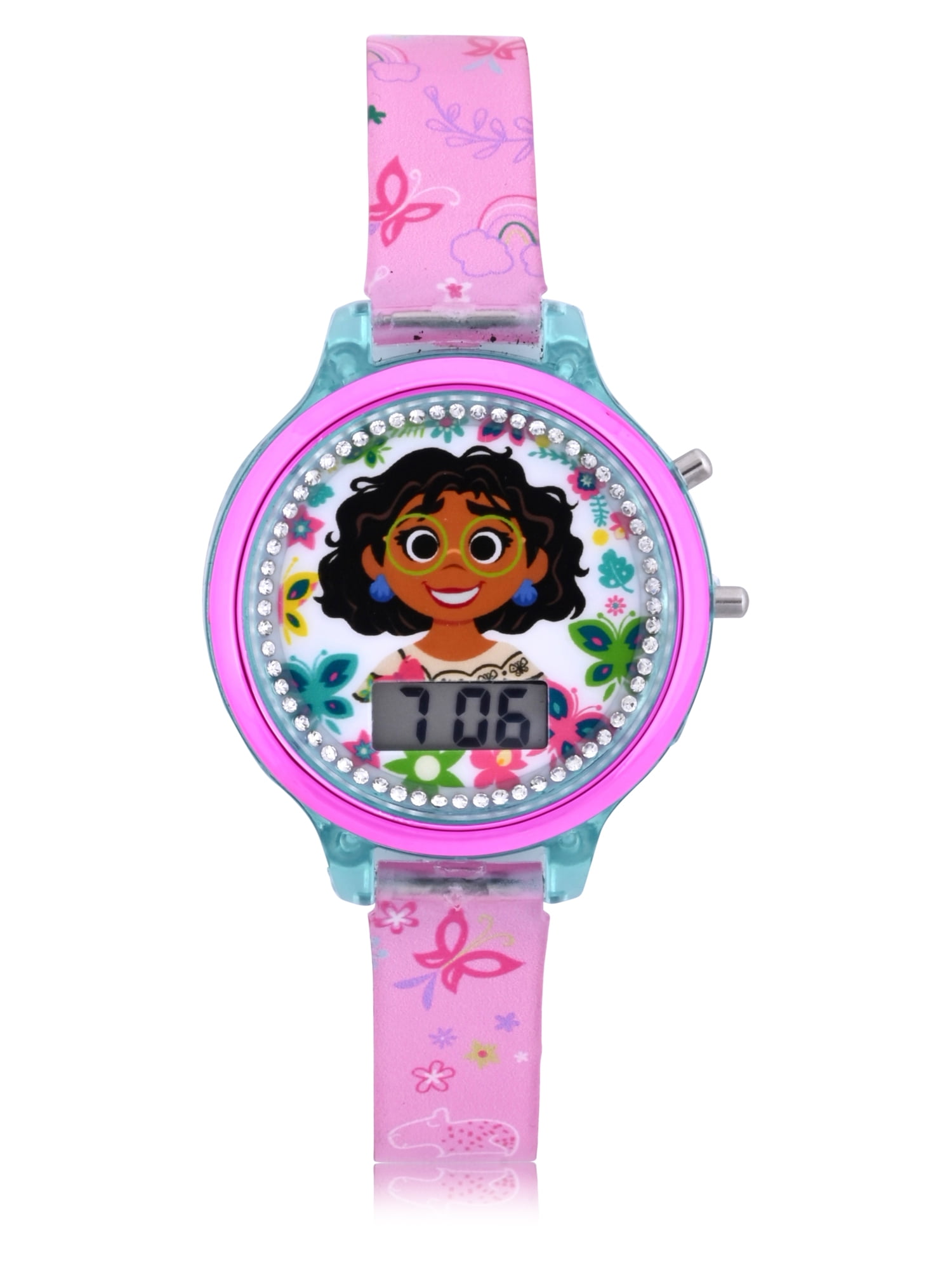 Disney Encanto Girl's Flashing LCD Pink Silicone Watch with Matching Compact Brush 2 Piece Set