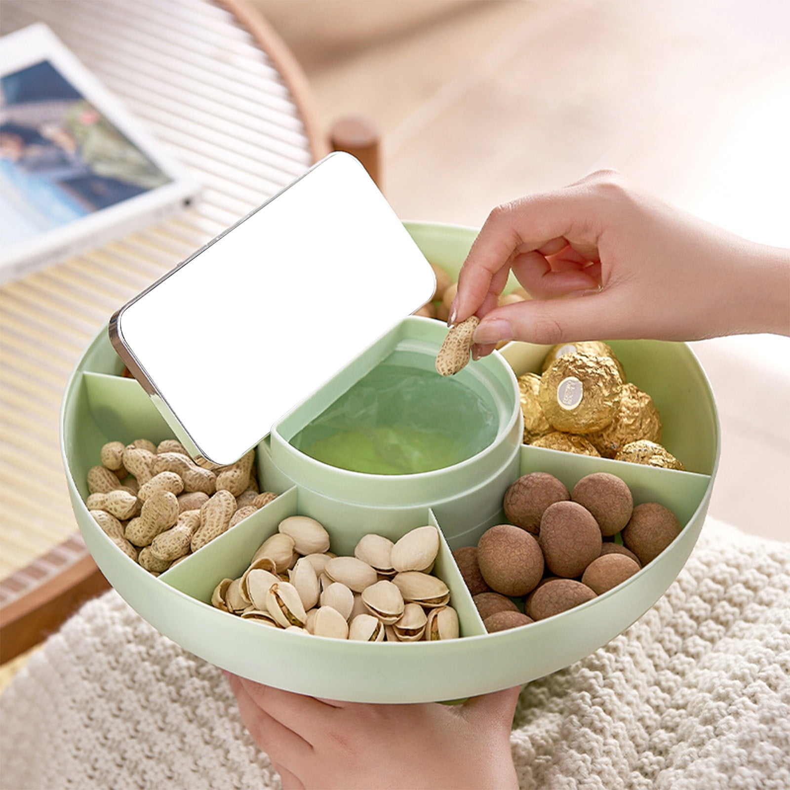 LWITHSZG Round Divided Serving Tray with Lid, 6 Compartment Snack Tray