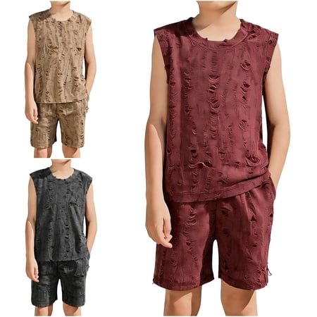VBTAPA Boys 2 Piece Summer Outfits Matching Clothing Sets Kids Tank Tops and Elastic Waist Shorts with Pockets Khaki 12-13Years