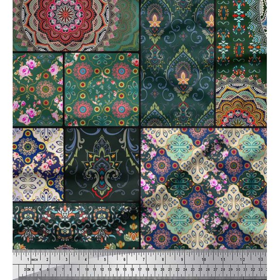 Soimoi Silk Fabric Ogee & Mandala Patchwork Print Fabric by The Yard 42 Inch Wide