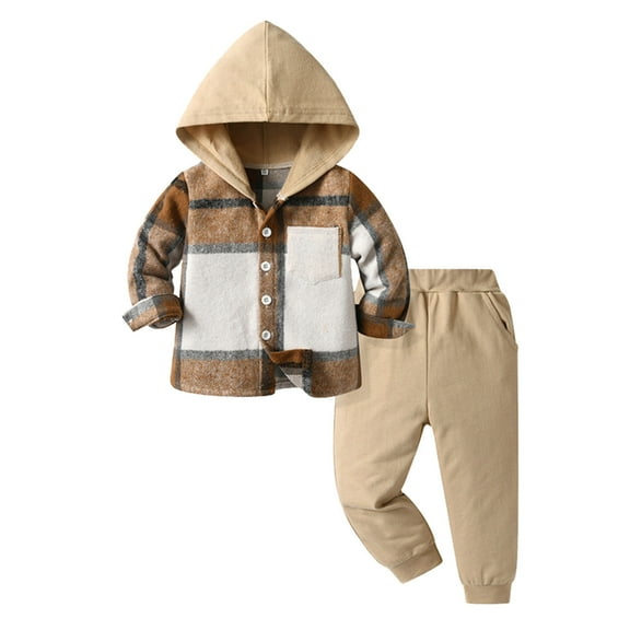 Toddler Boys Outfits Two Piece Long Sleeve Casual Plaid Prints Gentleman Hooded Tops Holiday Shirts T Shirt Pants Sets Size 4-5T