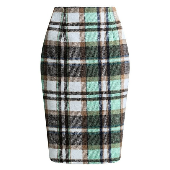 Women's Plaid Skirt High Waist Bodycon Fall Winter Knee Length Wool Pencil Skirts