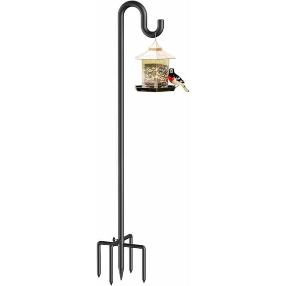 Forlogic Bird Feeder Pole 76 Inches Shepherd Hooks for Outdoor, Heavy Duty Garden Decor, Black Stand Plant Baskets Wind Chime with 5 Base Prongs