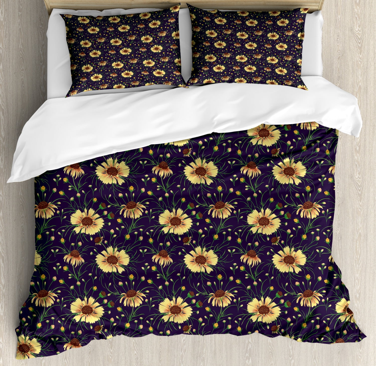 Floral Duvet Cover Set King Size, Blooming Daisy Buds Gardening Yard