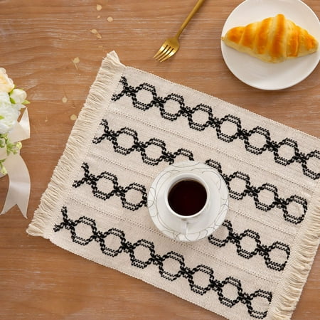

Fabric Placemats Cotton and Linen Wind Woven Placemats Tassel Heat Insulating Mats Holiday Decorative Two-Color Splicing Western-Style Placemats Home Decor Clearance Sales