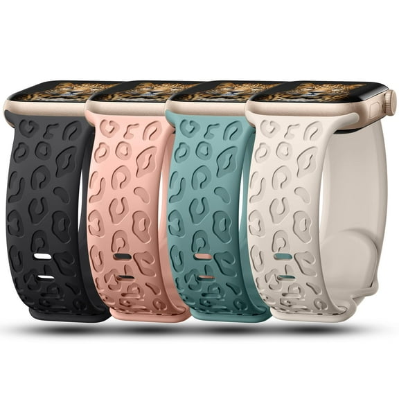 3D Magic 4 Pack Leopard Engraved Band Compatible with Apple Watch Band 38mm 40mm 44mm 45mm 49mm, Waterproof Cheetah Sport Silicone Wristbands Replacement for iWatch Series 8 7 6 5 4 3 2 SE for Women