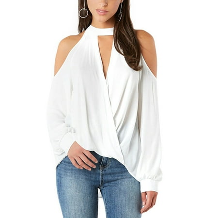 Tie Front Chiffon Blouse - DYMADE Women's Chiffon Cold Shoulde Long Sleeve Blouse Shirts Halter Neck Casual Top
