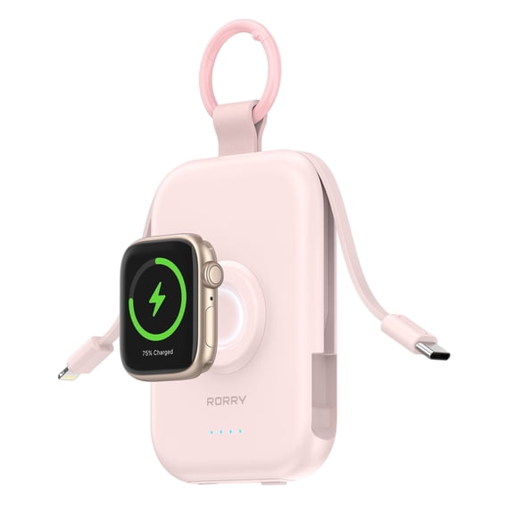 RORRY Portable Charger, 5000mAh Power Bank - Apple Watch Charger with Built-in Cables,Travel-Ready Portable Charger for iPhone 17/ 16/15/14 ,Android ,Apple Watch , Pink