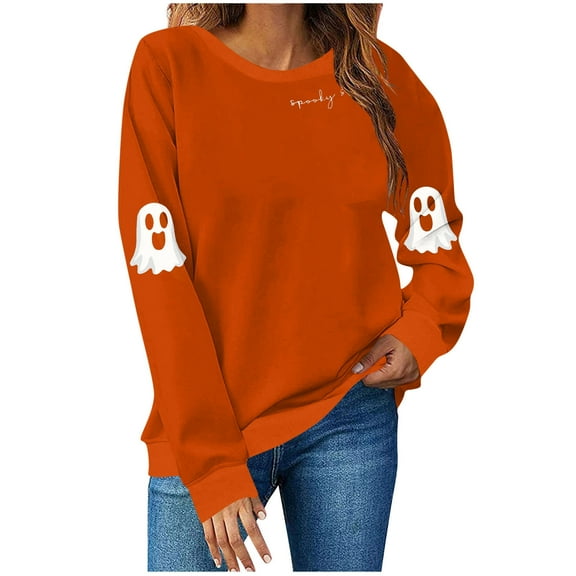 Women's Ghost Graphic Sweatshirts Halloween Long Sleeve Crew Neck Sweater Funny Cute Trendy Fall Sweat Shirts Tops Orange, S