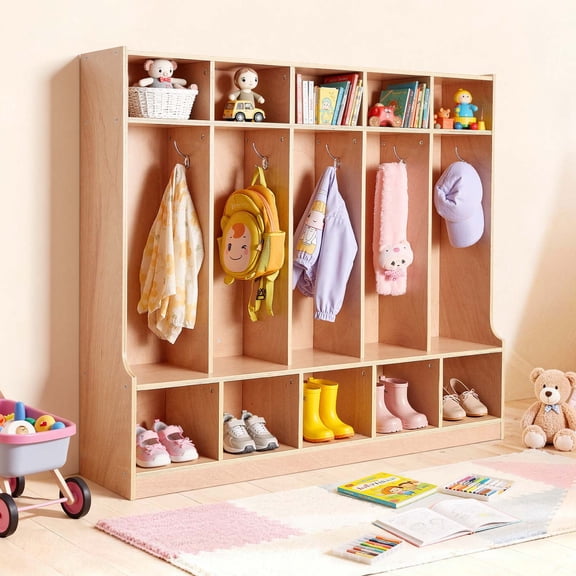 VEVOR 5-Section Kids Coat Locker, Wooden Toddler Cubby Storage Organizer with 10 Hooks & Non-Slip Mat, Modern Kid Coat Cubbies with 10 Small Open Storage Boxes for Home, Kindergarten, Daycare,Natural