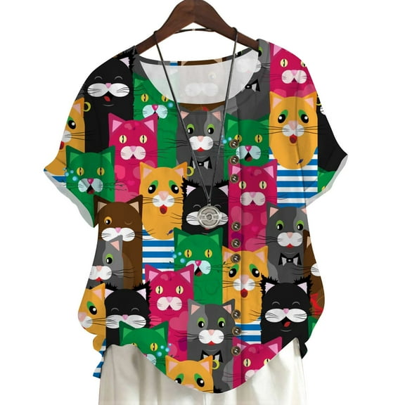 CLOOCL Kawaii Blouse Lovely Cat 3D Printed Short Sleeve Summer Shirts Plus Size