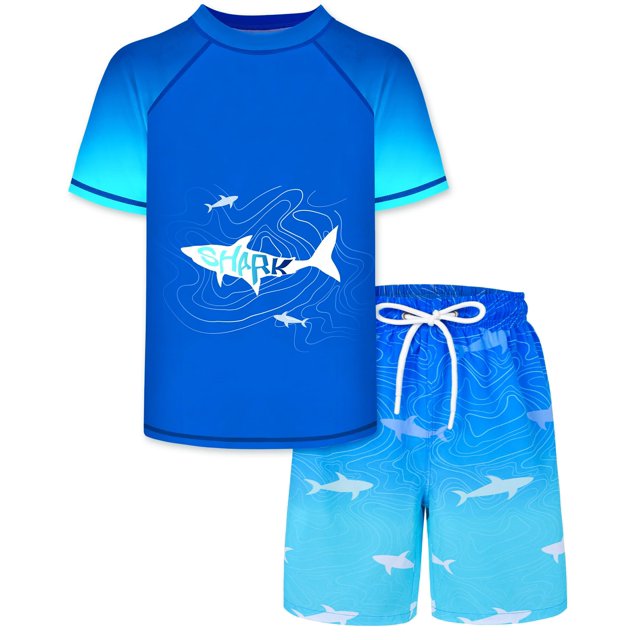 Conjunto de traje de baño de dos piezas para niños, protector contra salpicaduras y bañador de manga corta, Blue Shark