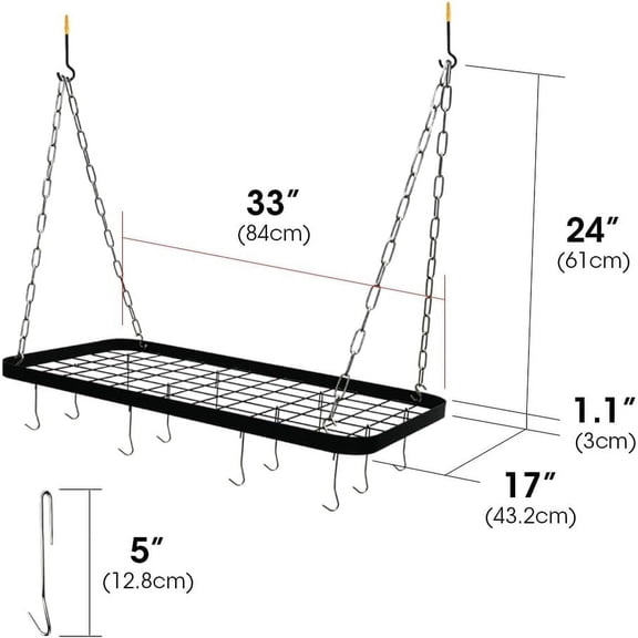 Ceiling Pot Rack, 33 Inches Wall Hanging Mounted Pot Pan Hanger with 12 Hooks, Multi-Purpose Cookware Kitchen Utensils Organizer Storage Shelf - MK397C