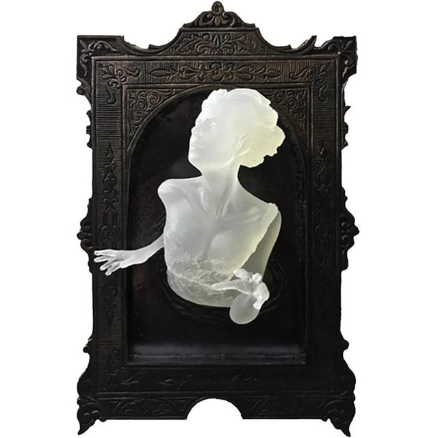 Decoración de pared con fantasma en el espejo: estatua luminosa de fantasma en el espejo, decoraciones de Halloween, casa embrujada (MUJER)