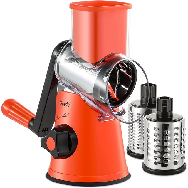Geedel Rallador de queso giratorio, mandolina de cocina, cortador de verduras con 3 cuchillas intercambiables, rallador giratorio fácil de limpiar para frutas, verduras, nueces