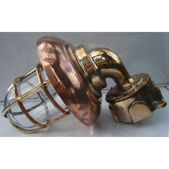 Vintage Brass & Copper Marine Bulkhead Wall Light – Industrial Cage Sconce