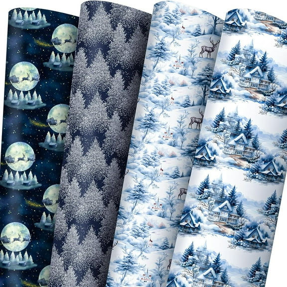 White Christmas Wrapping Paper Red Stripe Snowy Scene House Holiday Gift Wrap Paper for Winter Xmas Birthday Party, 58x23in, 4 Roll