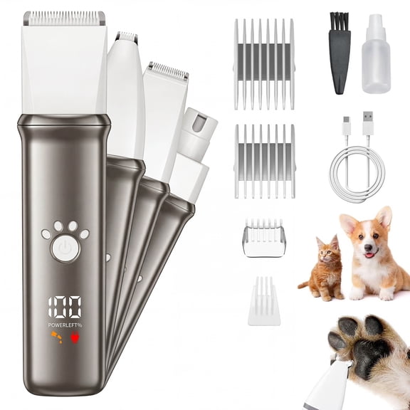 Skdwakiz Dog Grooming Clippers Kit - 4 in 1 Pet Shaver with 4 Comb Guides, IPX4 Waterproof Pet Hair Trimmer with LED Display/Fast Charge/Low Noise for Dogs and Cats