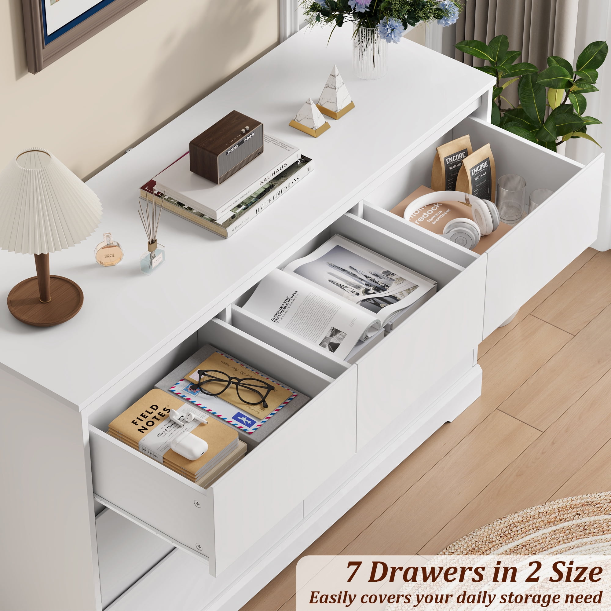 Homfa 7 Drawer Double Dresser, 47.2"W Contemporary Wood Chest of Drawer Storage Cabinet for Bedroom Living Room, White