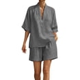 thumbnail image 6 of Bovxnpu Women 2 Piece Loungewear Set Beach Vacation Sweatsuit Tracksuit Set Women's Short Sleeve Shorts V Neck Cotton Linen Shirt Casual Wear Set Summer Outfits, 6 of 9