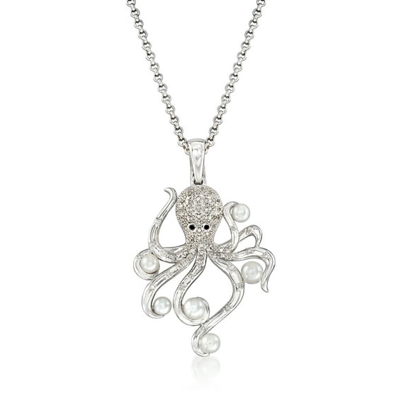 Ross-Simons 3.5-4.5mm Cultured Pearl and .19 ct. t.w. Diamond Octopus Pendant Necklace in Sterling Silver, Women's, Adult