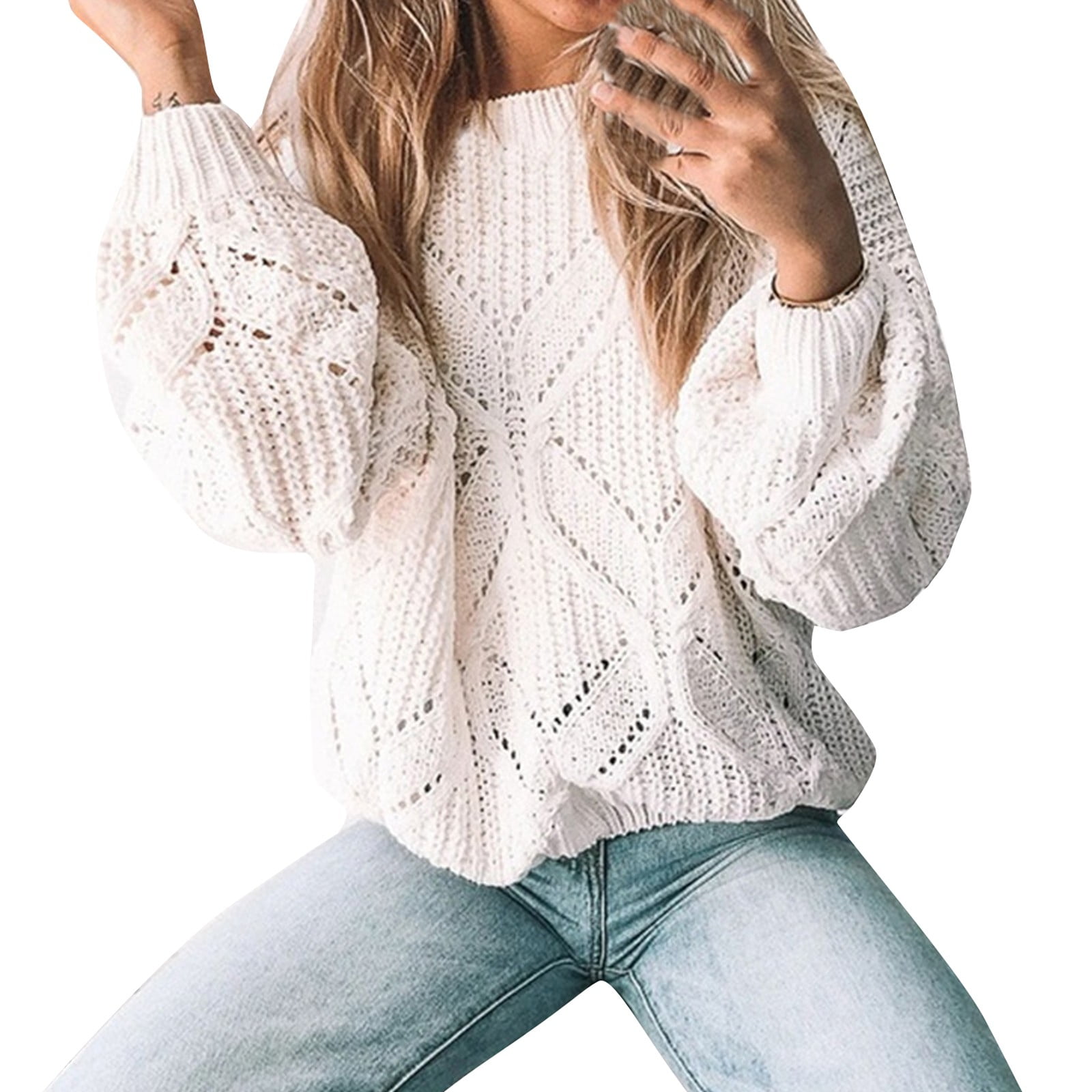 Womens Sweaters Clearance Women O Neck Feather Hollow Out Sleeve Tops Fashion Blouse Stylish Sweater White XL JE Walmart