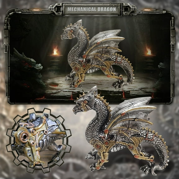 Steampunk Dragon Statue Gothic Fantasy Decor Resin Sculpture with Mechanical Detail Gold Bronze Metallic Finish Desktop Bookshelf Decoration for Collectors 8 Inch