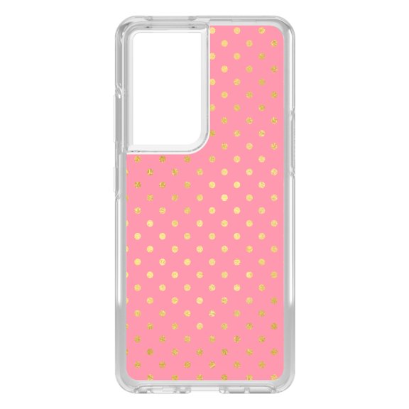 DistinctInk Clear Shockproof Hybrid Case for Galaxy S21 ULTRA 5G (6.8" Screen) - TPU Bumper, Acrylic Back, Tempered Glass Screen Protector - Pink & Gold Polka Dot Pattern