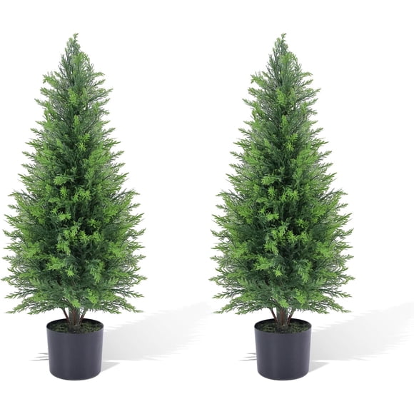 Artificial Cedar Topiary Trees Set of 2, 3FT Outdoor Faux Pine Shrubs Plants for Front Porch Decor, Realistic Potted Fake Cypress Tree for Home Indoor Living Room Office Garden Patio Decor